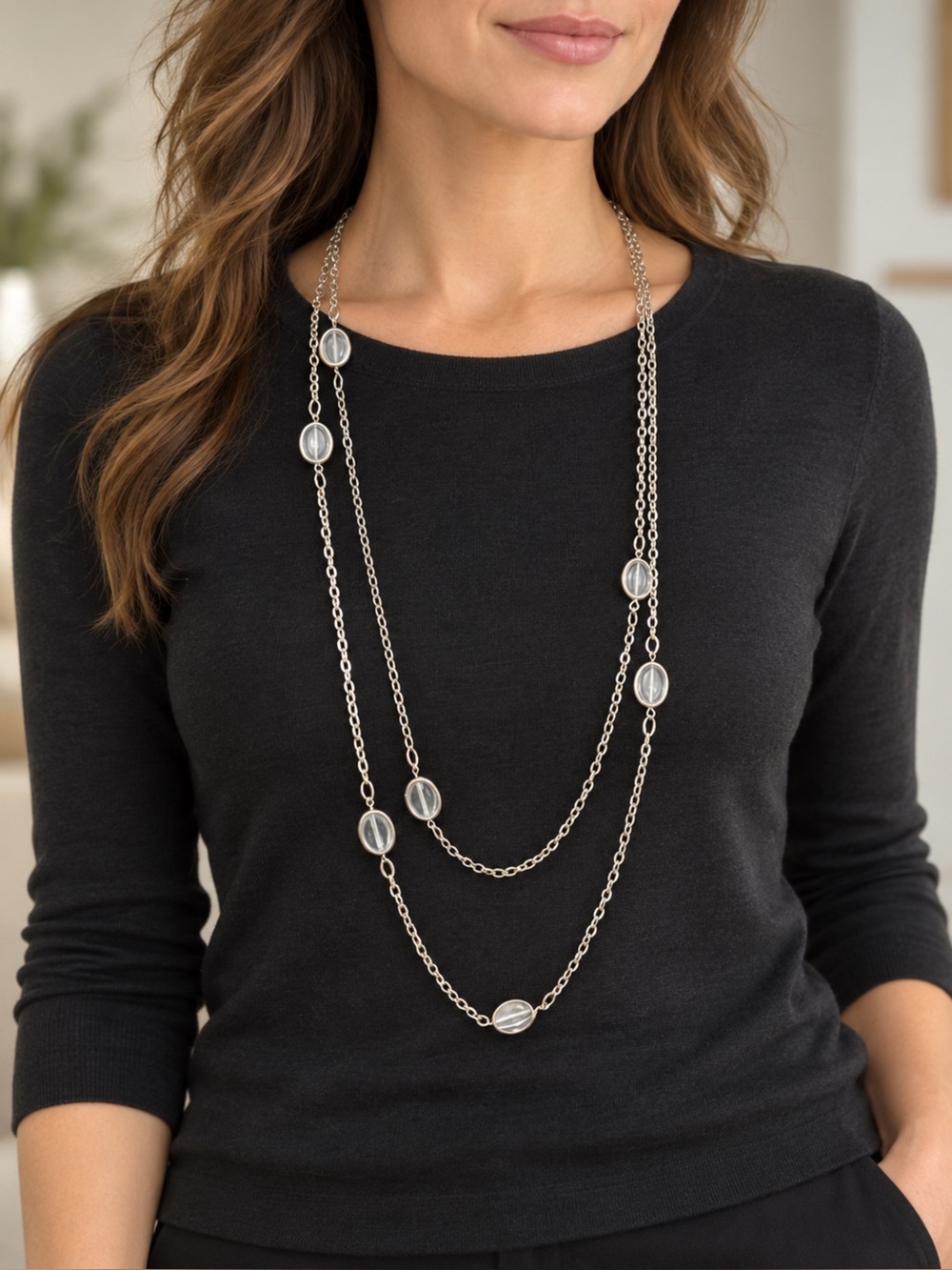 Long Layered Chain Necklace with Clear Bead Accents